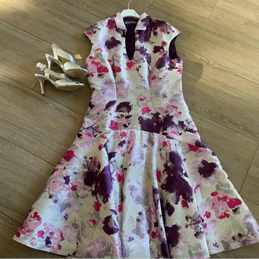 Pink and Purple Fit and Flare Midi Dress V-neck Wedding Guest